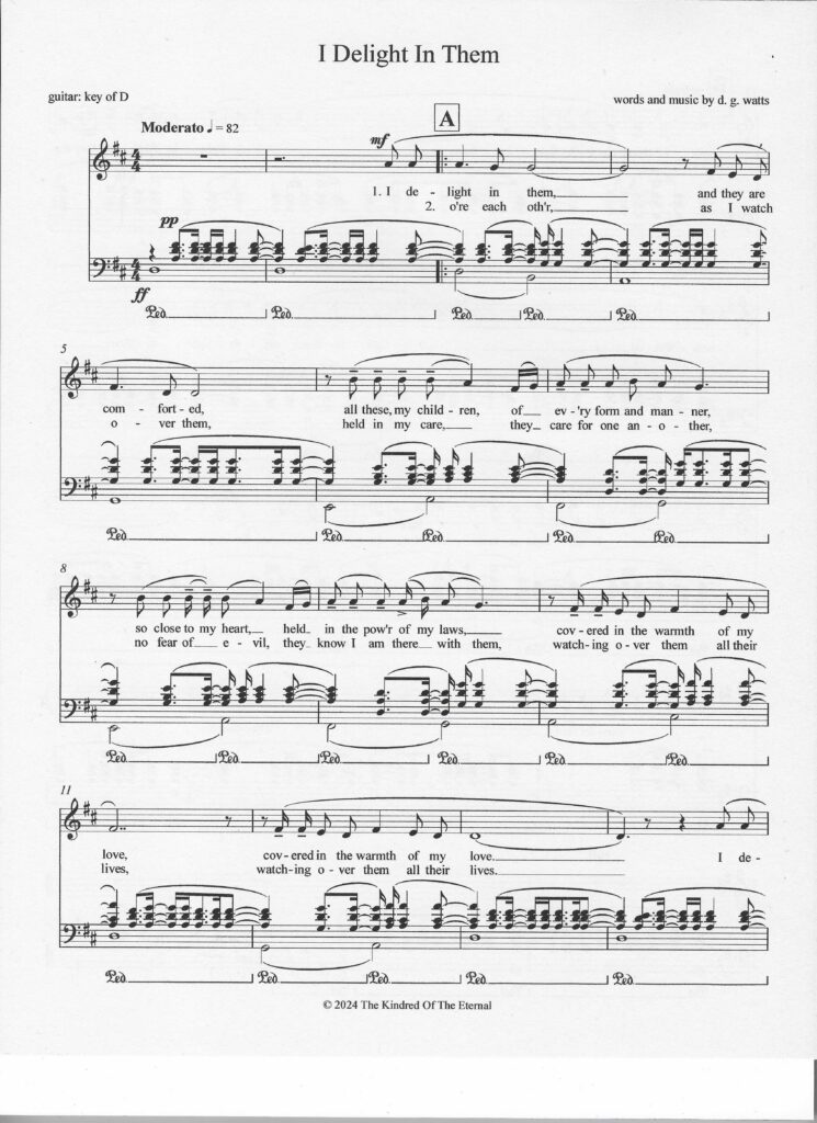 First page of the spiritual song entitled "I Delight In Them" by d. g. watts, copyright © 2024 The Kindred Of The Eternal.